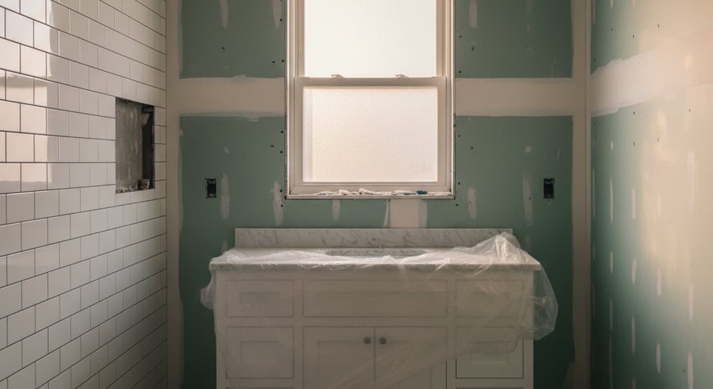 Ohio bathroom mid-remodel with new subway tile partly installed