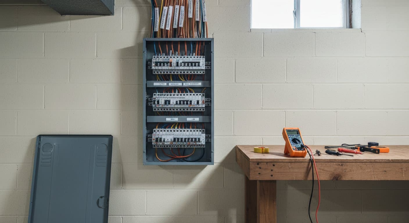 Open residential electrical panel with labelled breakers in a Columbus basement