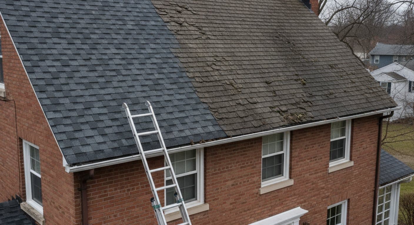 New architectural shingles meeting weathered shingles on a Cleveland colonial