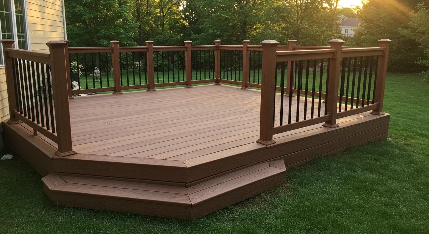 New wood deck under construction in Ohio backyard