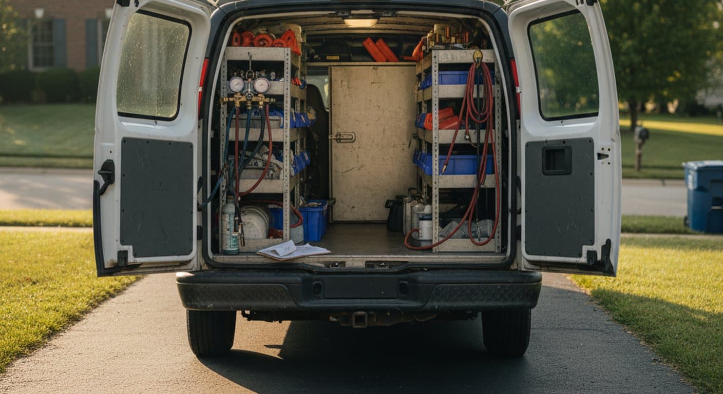 hvac service, work van with open rear doors and shelved tools