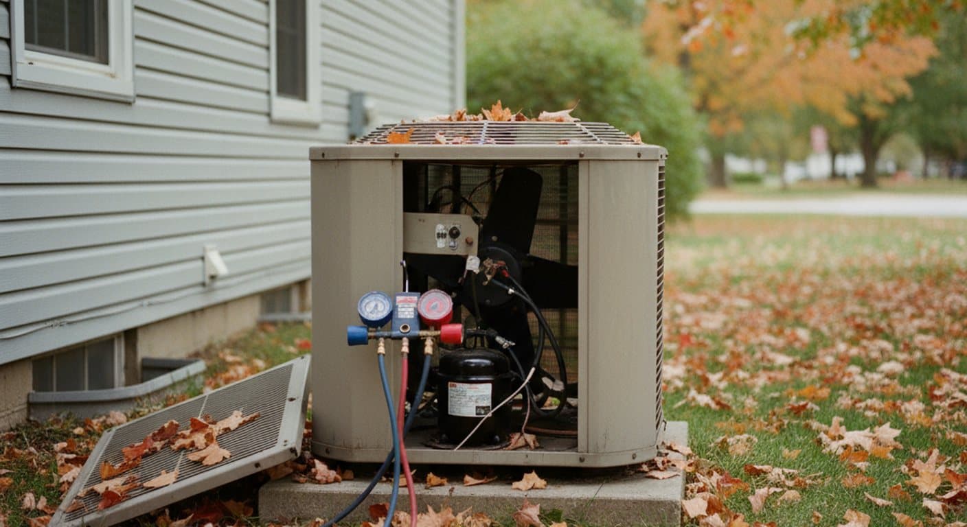 Outdoor air conditioning condenser opened for service beside an Ohio home