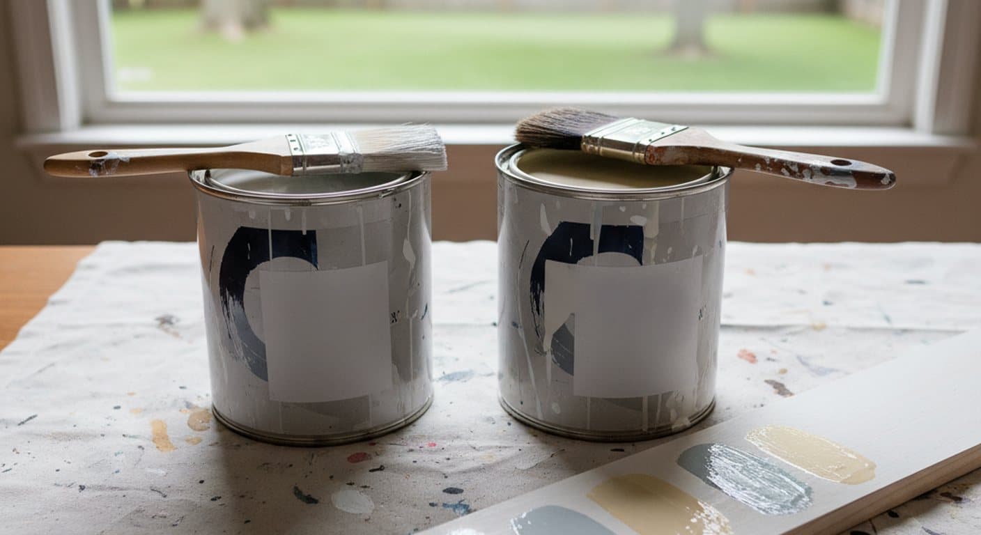 Latex and oil based paint cans open side by side with test swatches on trim board