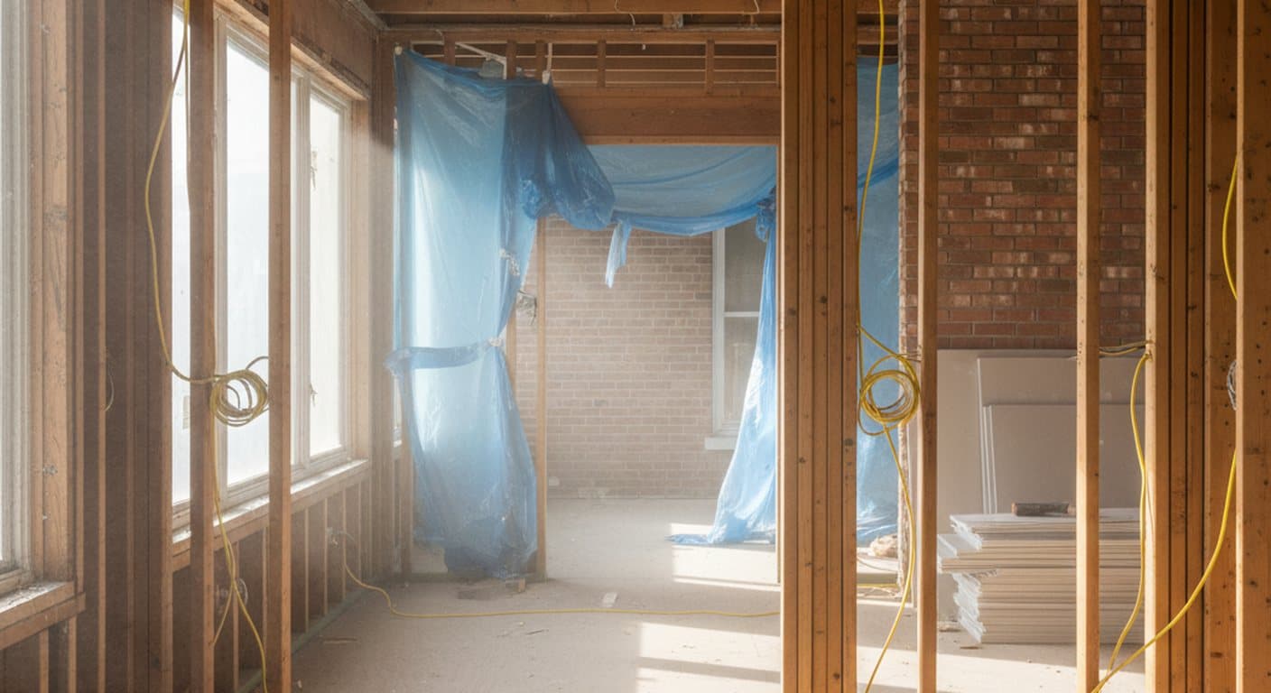 Whole house renovation in progress with exposed studs and new electrical rough-in