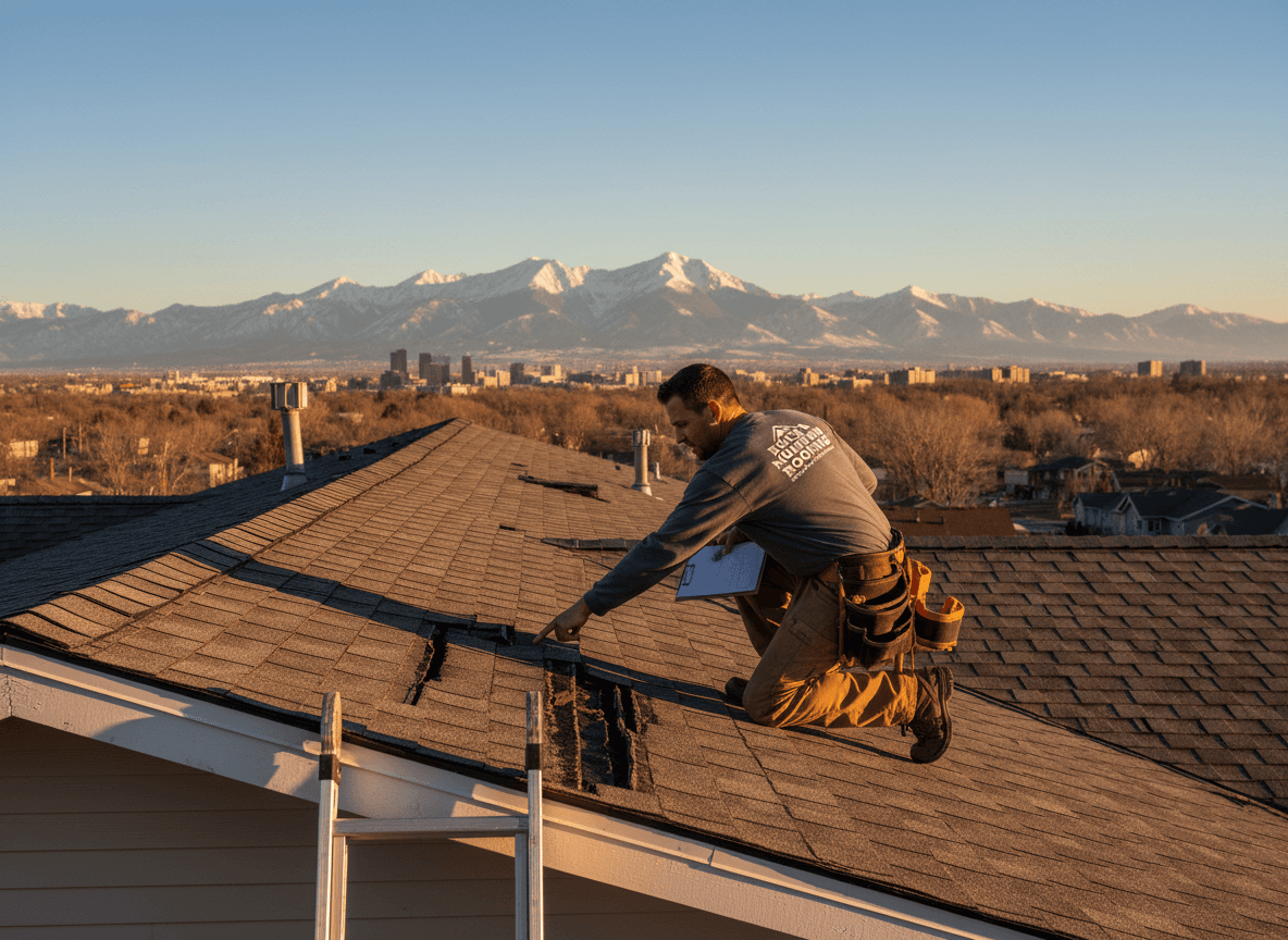Roofer inspecting shingles on a residential roof