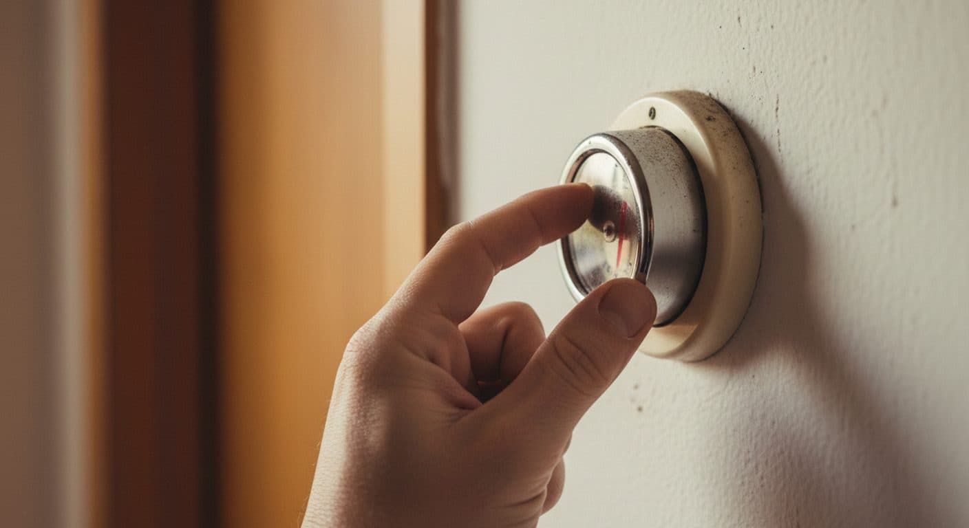 Close-up of a hand turning an older round dial thermostat on a wall