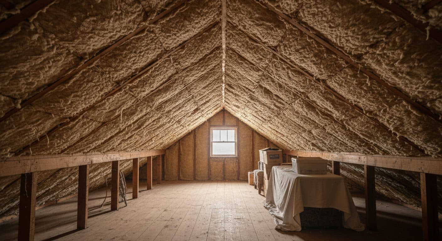 Attic with fluffy insulation between the roof rafters and a small window at the gable end