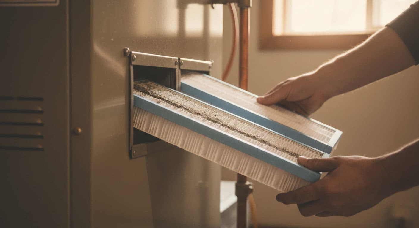 Hands sliding a dust-covered pleated filter out of the filter slot on a home furnace