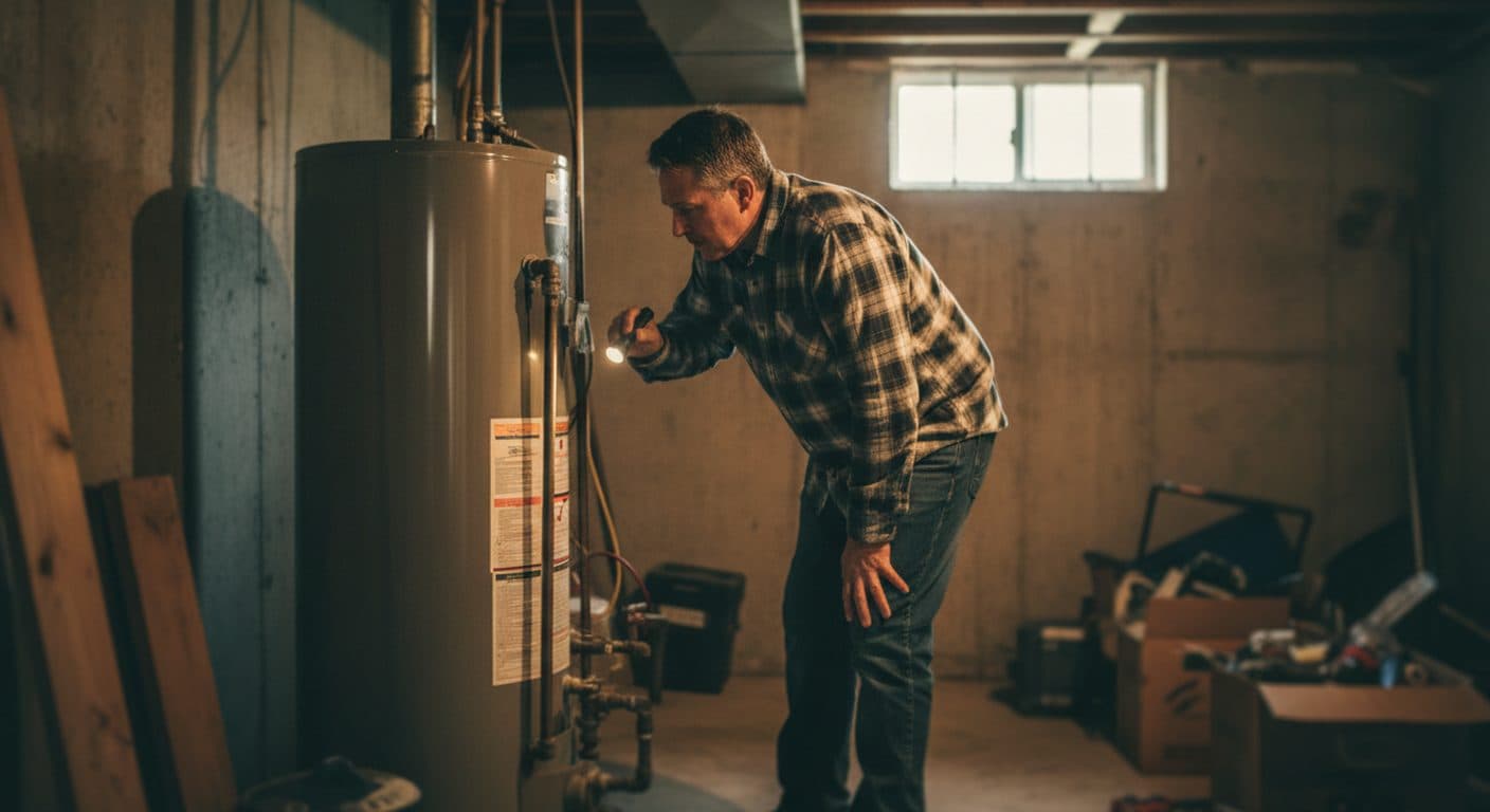 Homeowner shining a flashlight on the label of a tank water heater in an unfinished basement to find its serial number