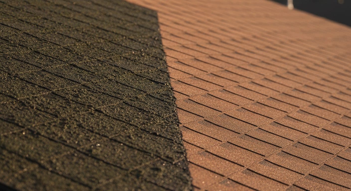 Close-up of asphalt roof shingles with one section dark and weathered beside a cleaner section