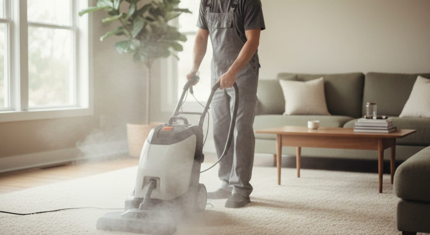 A carpet cleaner working on a freshly extracted living room carpet