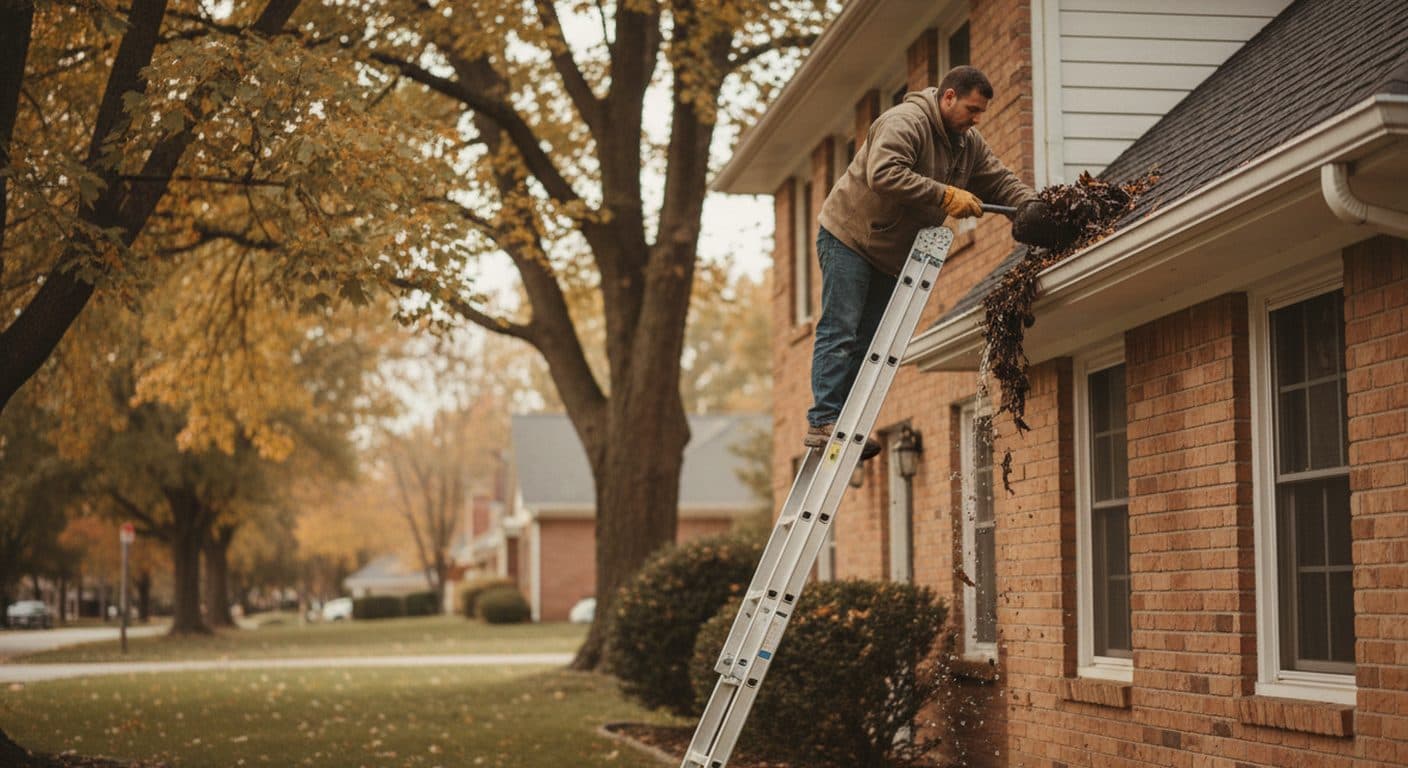 A pro clearing leaves and debris from a residential gutter