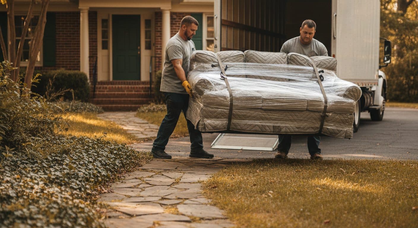 A moving crew carefully loading furniture into a truck