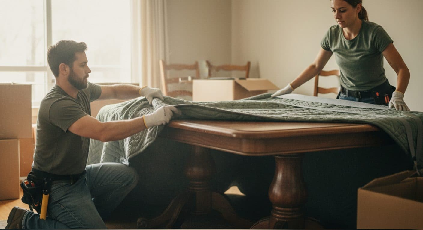 Movers carrying a wrapped sofa carefully through a doorway