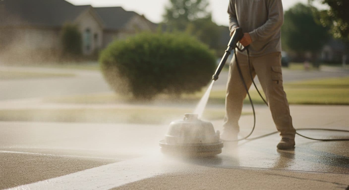A pressure washer cleaning a wide concrete driveway
