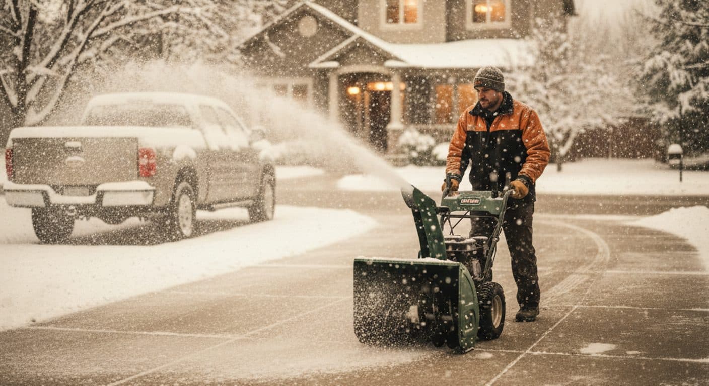 A snow removal crew clearing a residential driveway after a storm