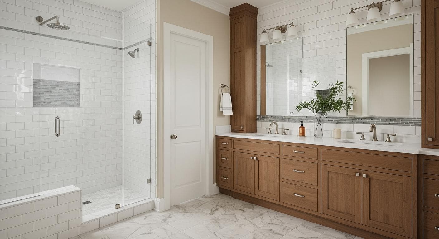 Modern bathroom remodel with white subway tile and glass shower