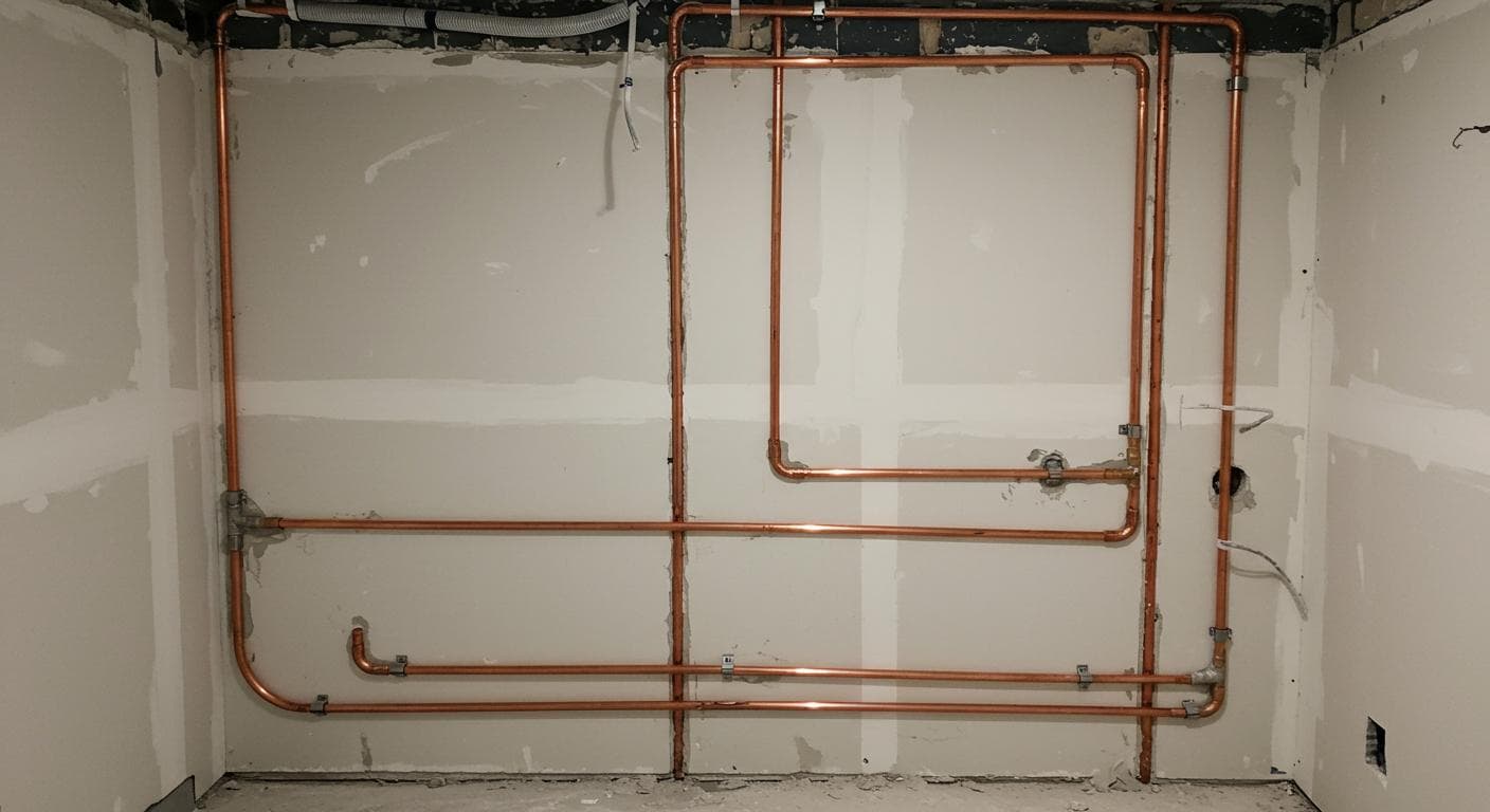 Bathroom under construction showing exposed plumbing and copper pipes