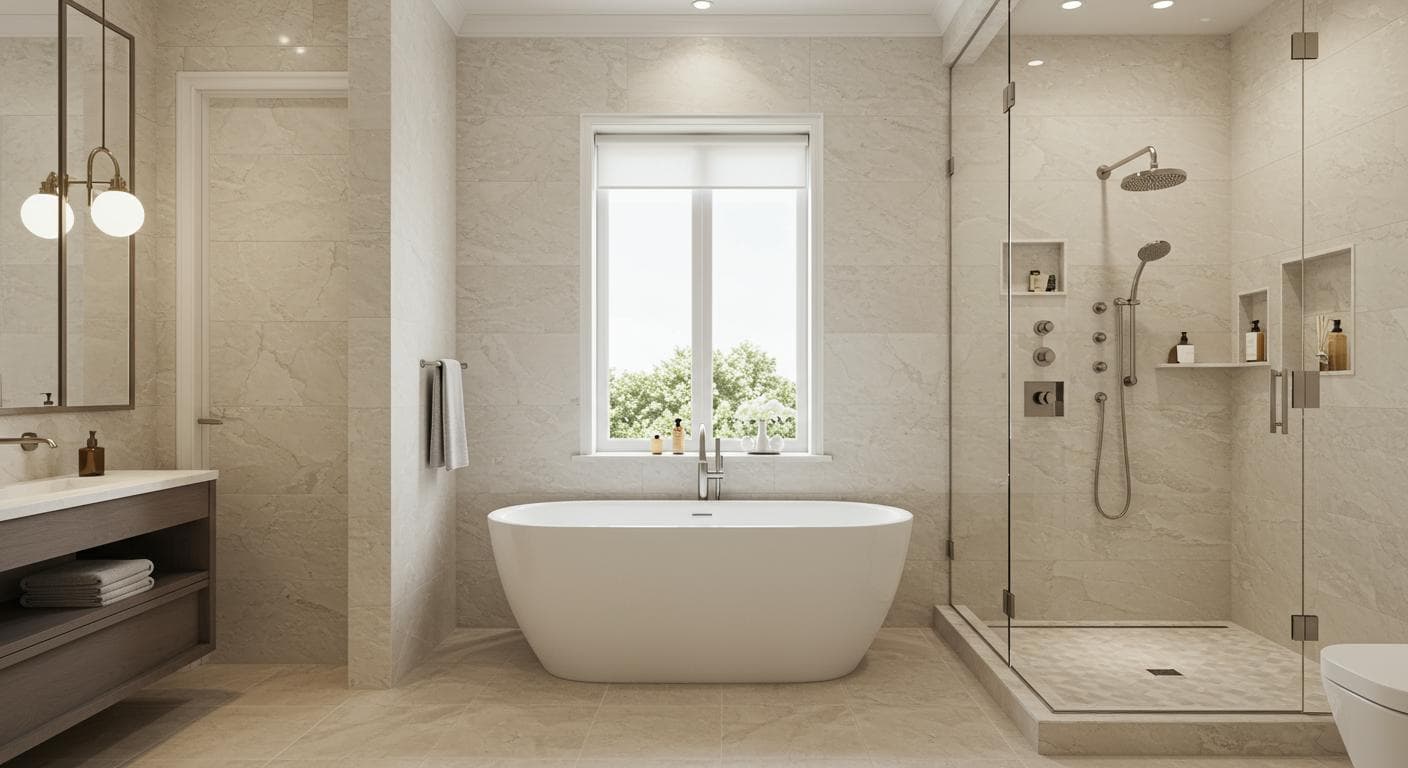Luxury master bathroom with freestanding soaking tub and marble floors
