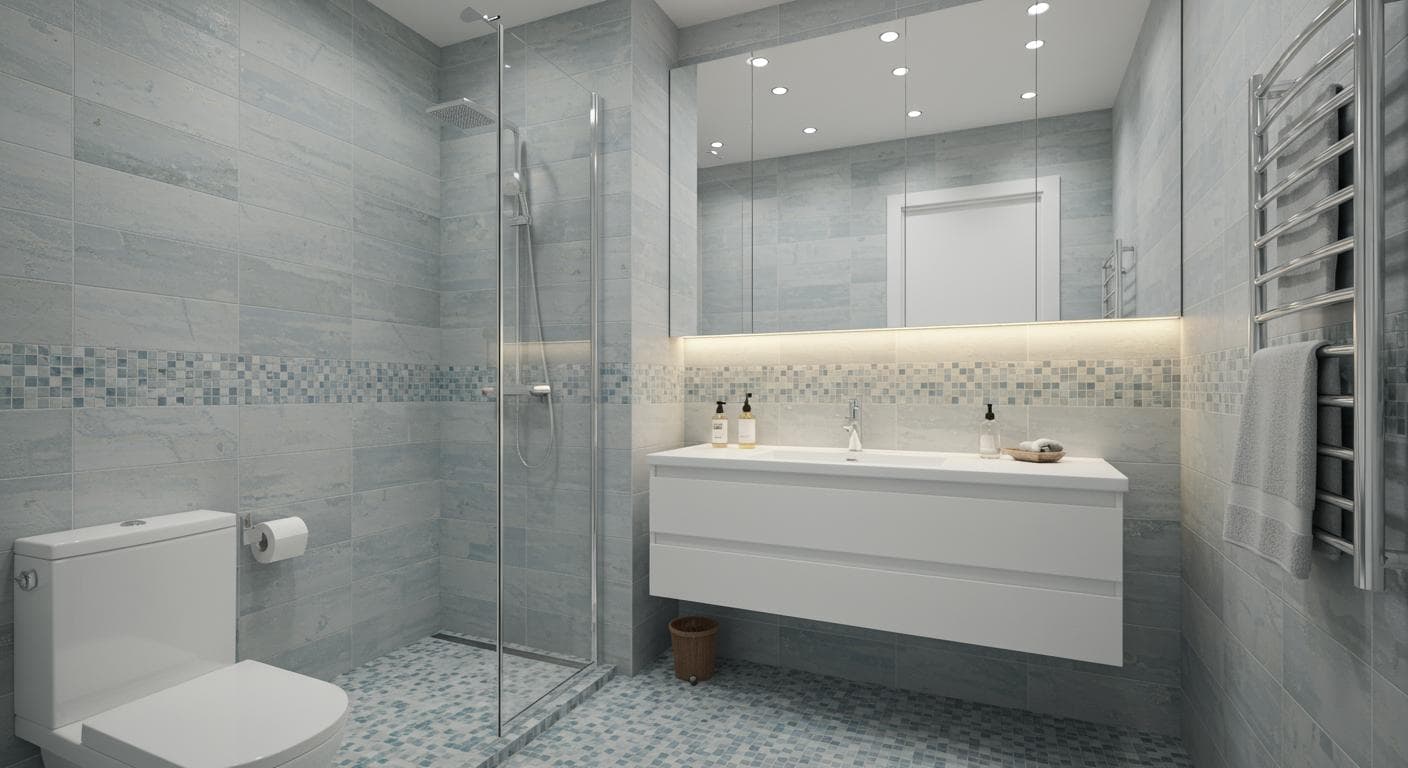 Small bathroom remodel with compact vanity and walk-in shower