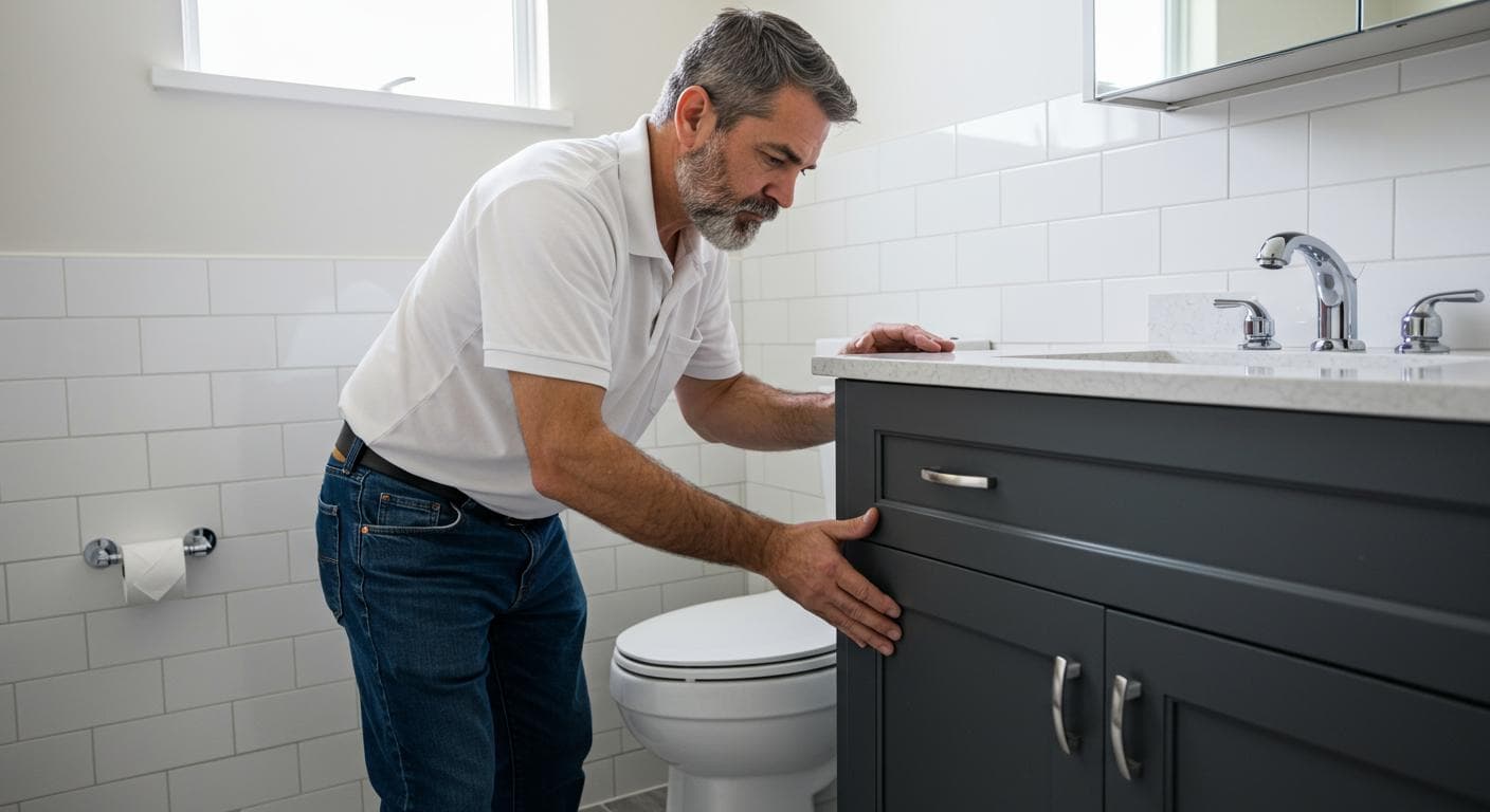 Contractor installing new toilet and quartz countertop