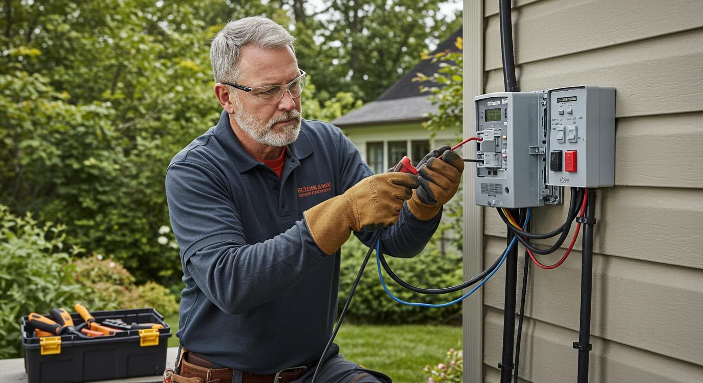 Whole-home generator hookup, electrician connecting transfer switch