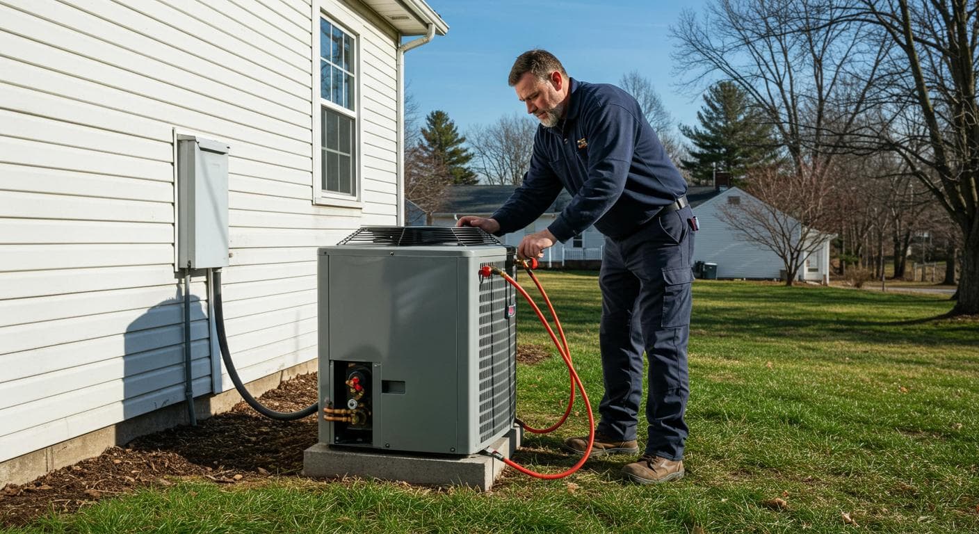 HVAC technician installing new central air condenser unit beside Ohio home