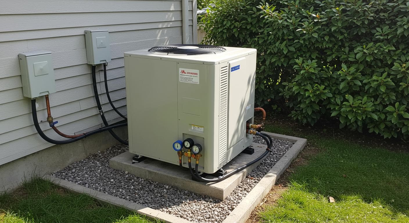 Heat pump installation, outdoor unit on concrete pad with refrigerant lines
