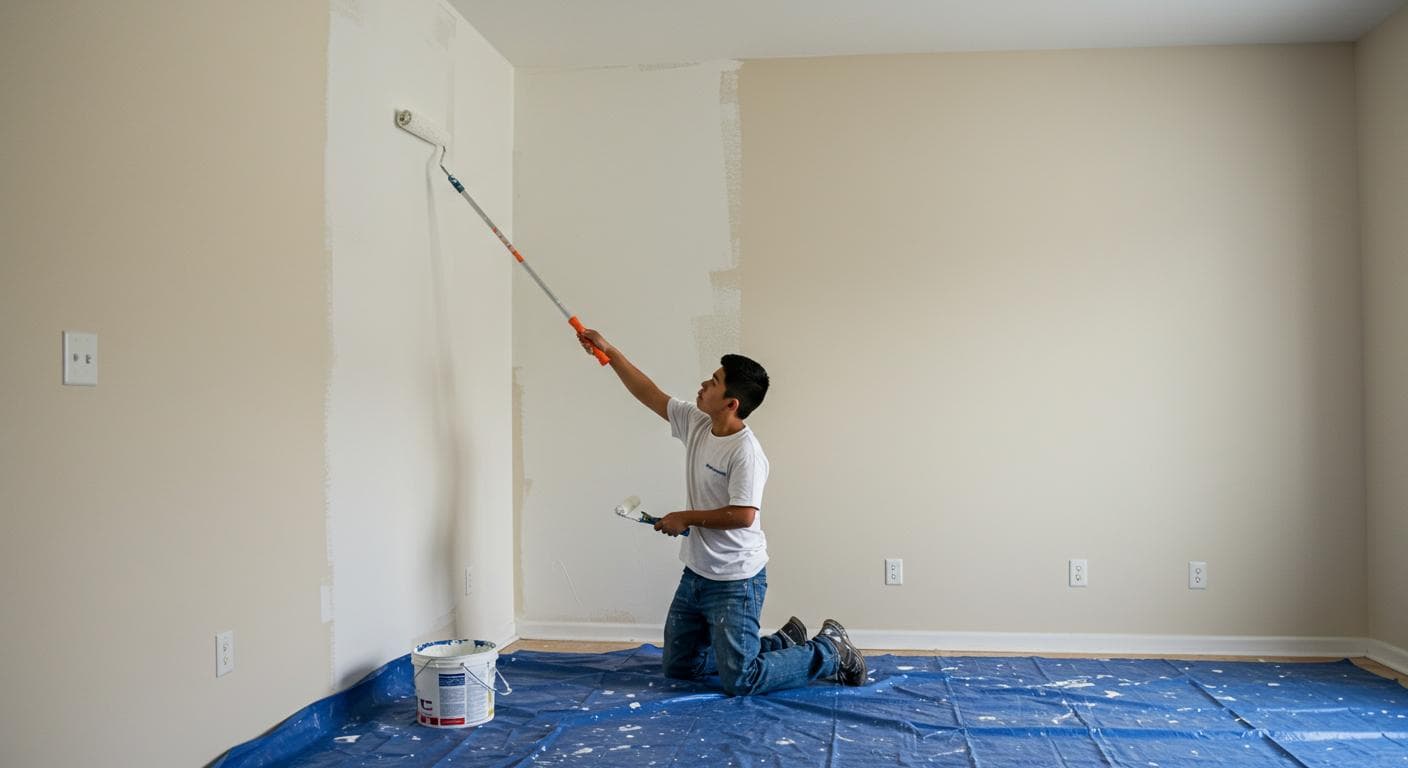 Painter rolling fresh white paint on living room wall, drop cloth on floor