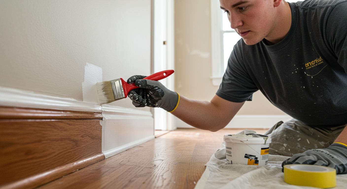 Painter cutting in trim with angled brush and masking tape on baseboards