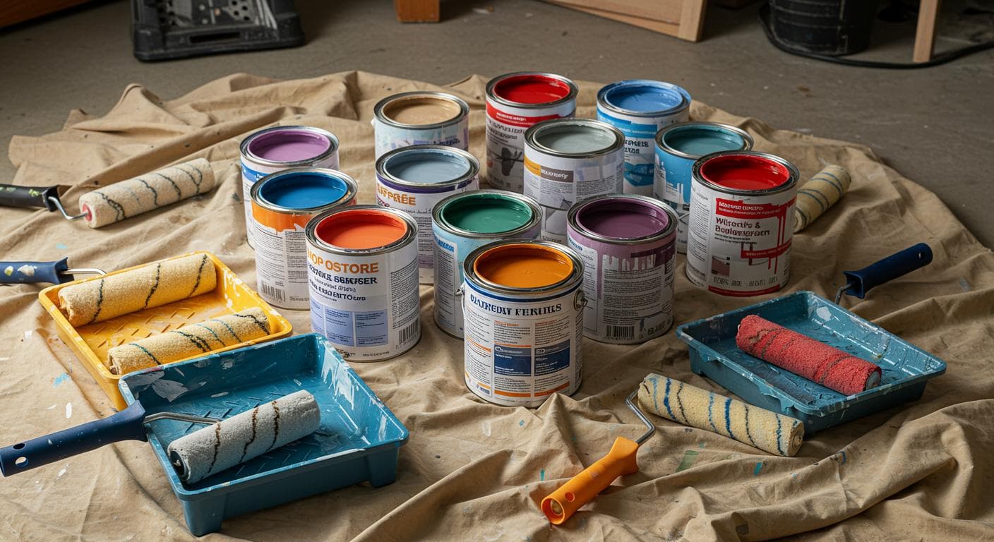 Paint cans on drop cloth with rollers and trays for home painting project