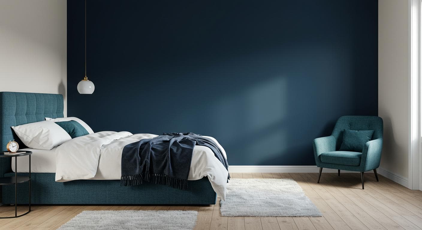 Bedroom transformation, half painted accent wall in deep navy