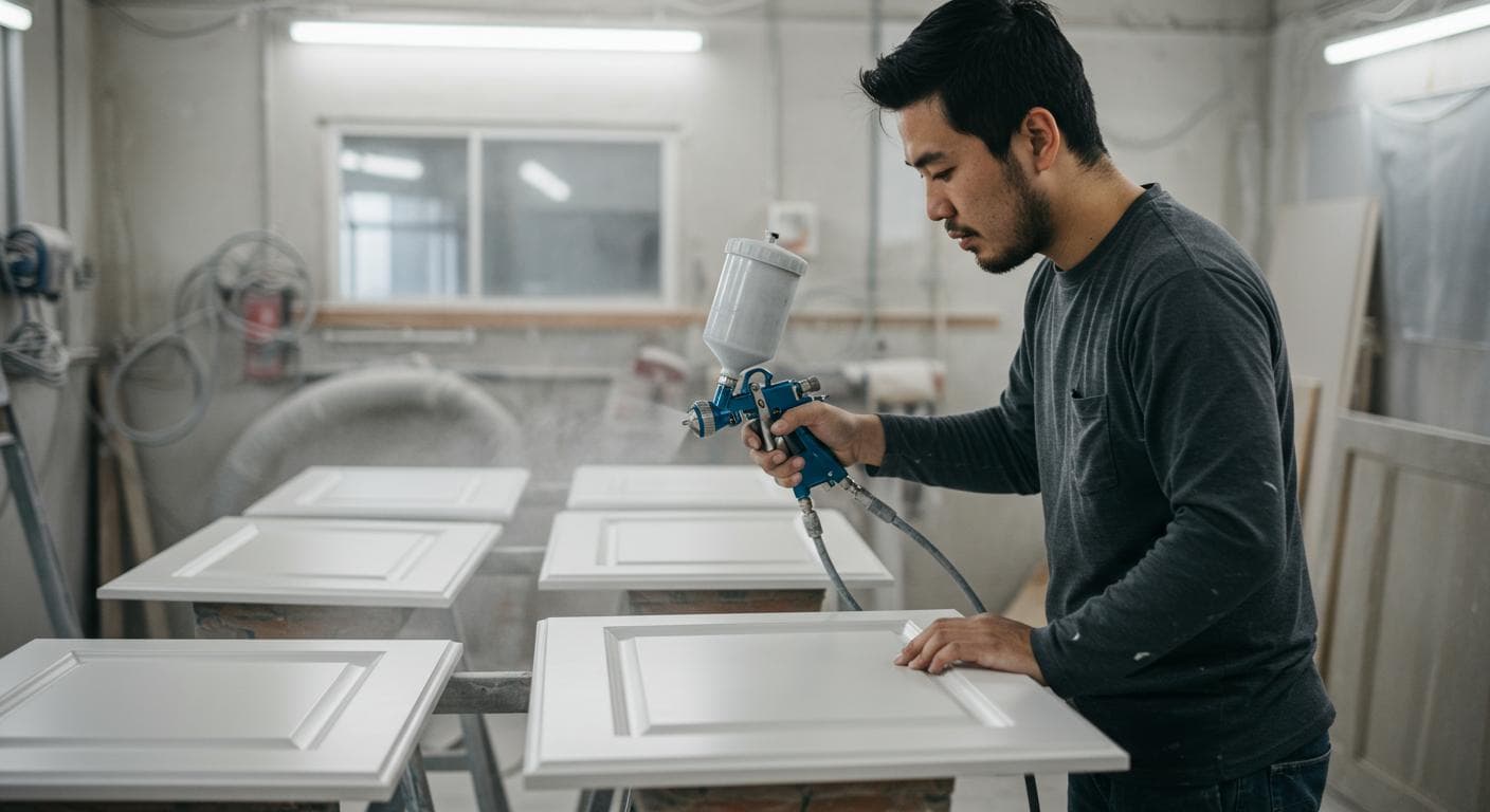 Spray painting kitchen cabinets in workshop with HVLP sprayer
