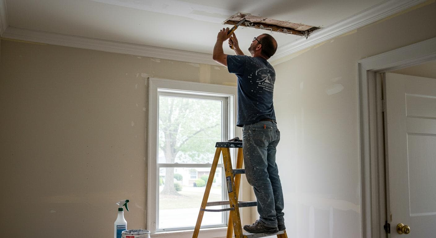 Painter on ladder cutting in ceiling-wall edge in Ohio home