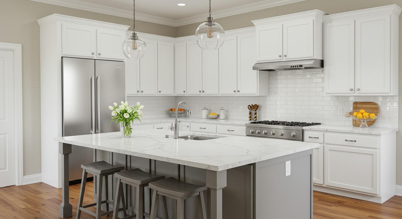Modern kitchen remodel with white shaker cabinets and quartz countertops