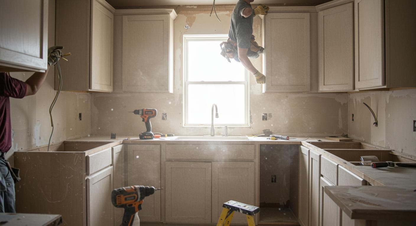 Kitchen mid-renovation with cabinets being installed