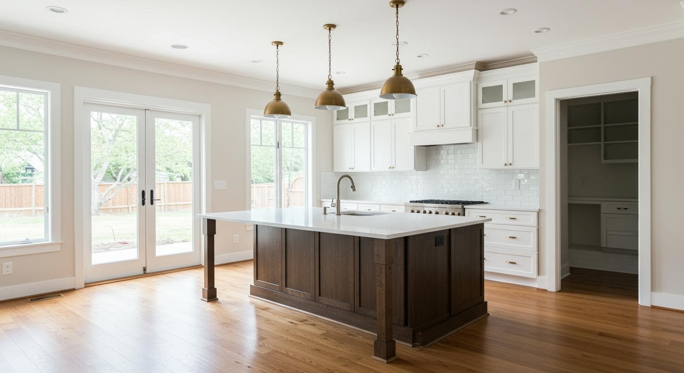 Open-concept kitchen with large island and pendant lighting