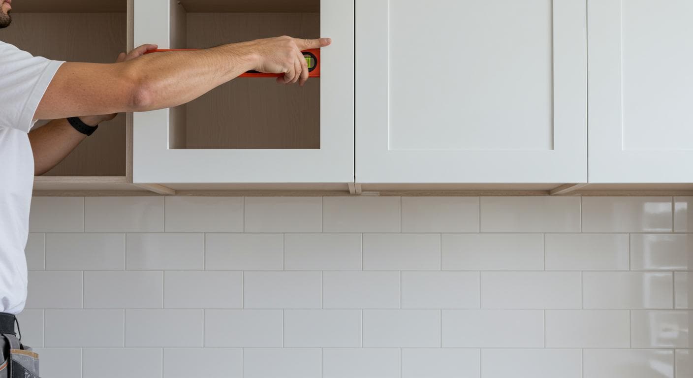 Contractor installing kitchen cabinet against tile backsplash