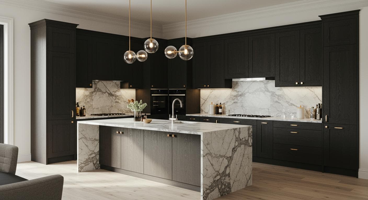 Luxury kitchen with custom cabinets and marble waterfall island