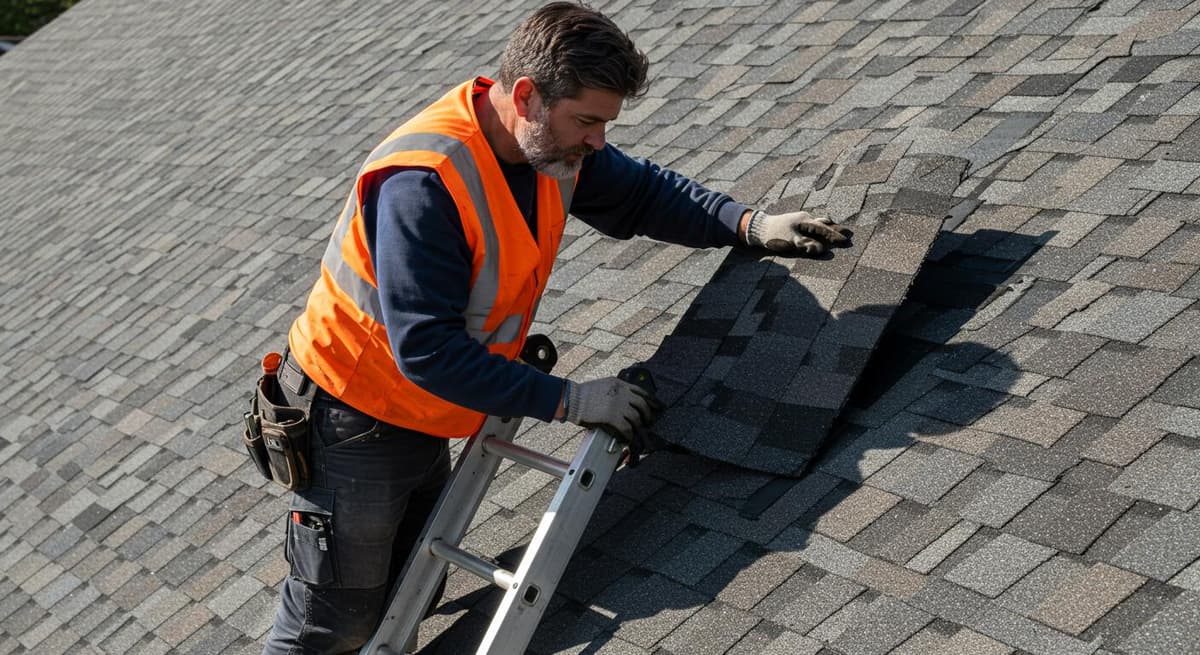 Roofer on a ladder doing a roof inspection