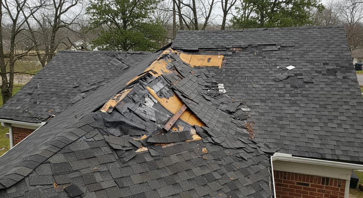 Roofer inspecting a leak on a residential roof