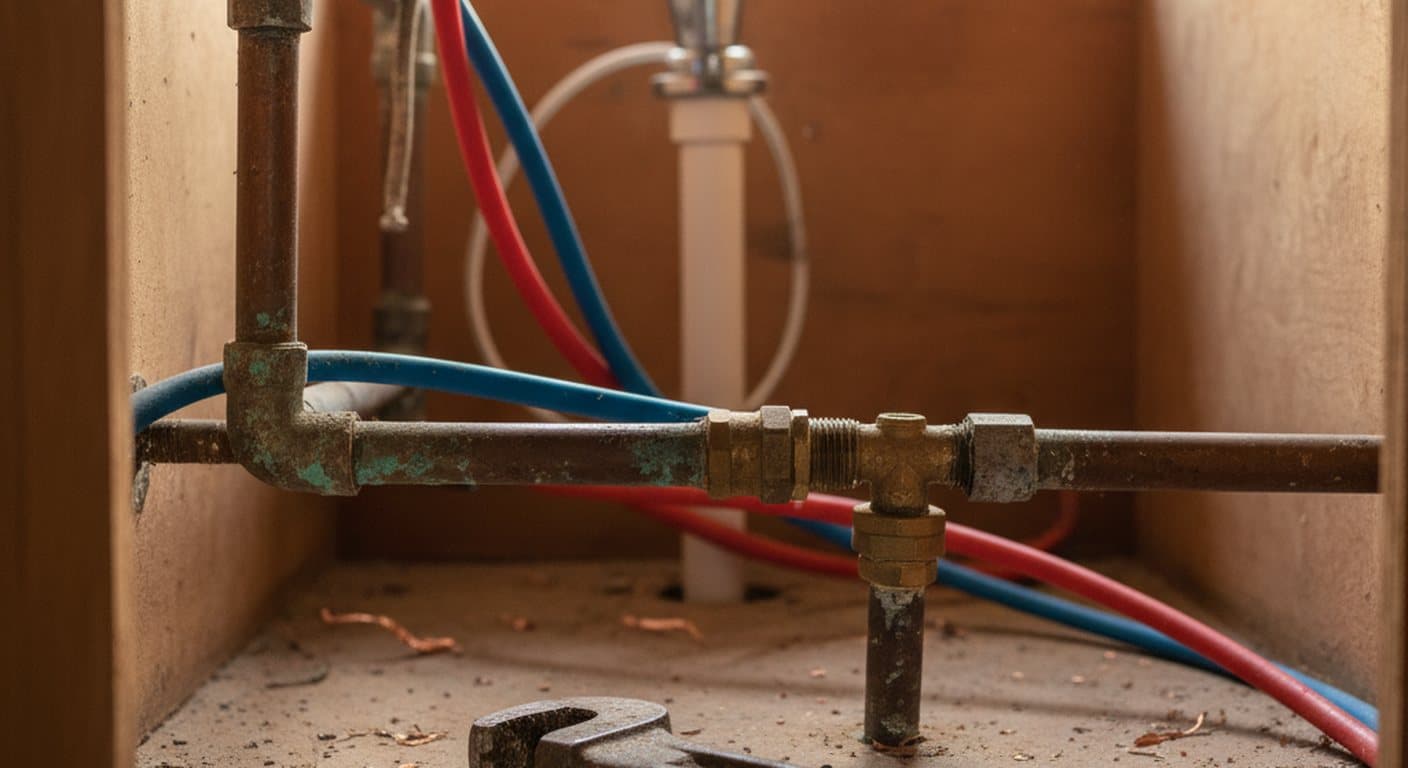 Copper and PEX supply lines under a kitchen sink in an older Ohio home