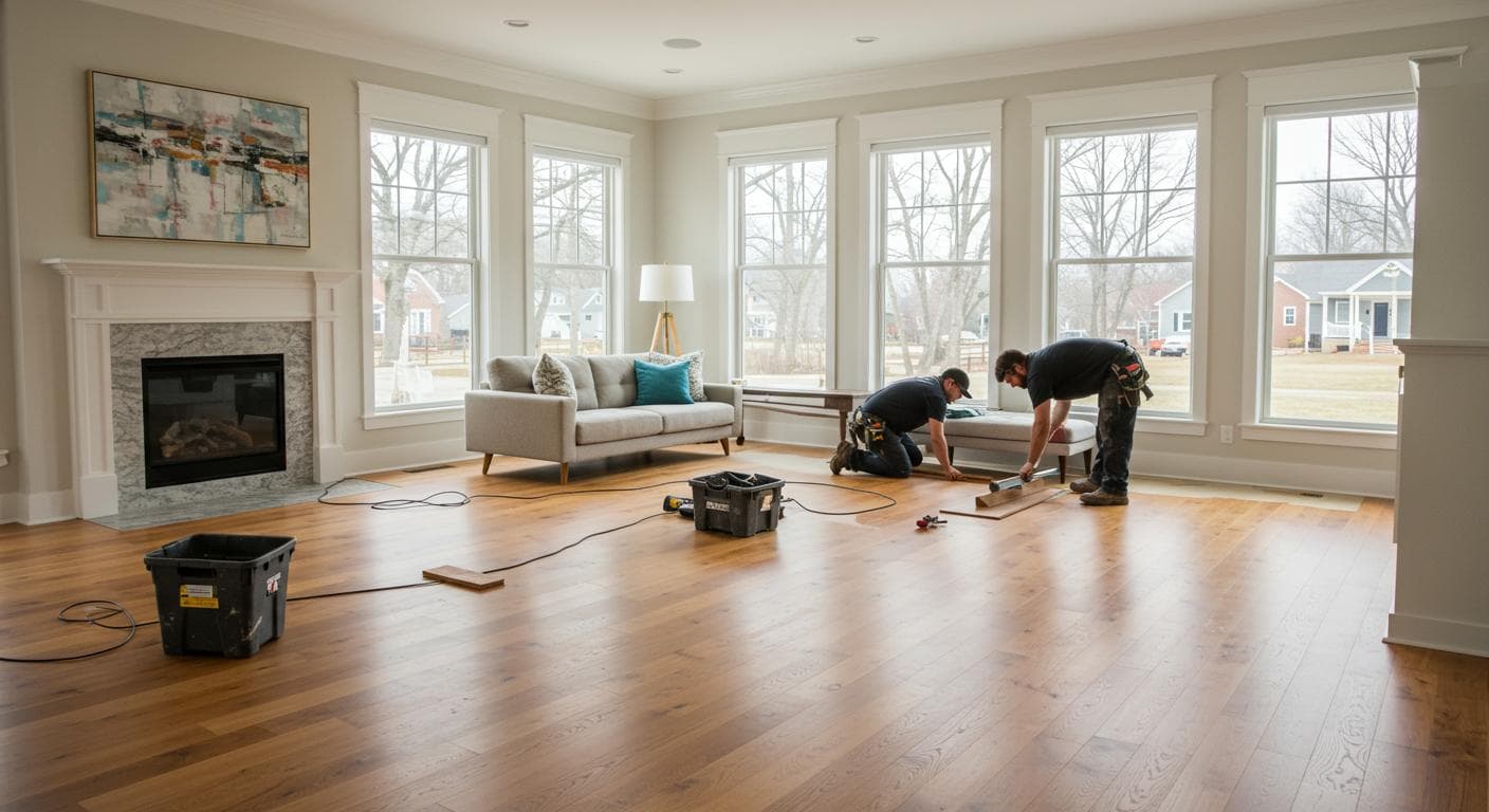 Tile flooring installation in progress
