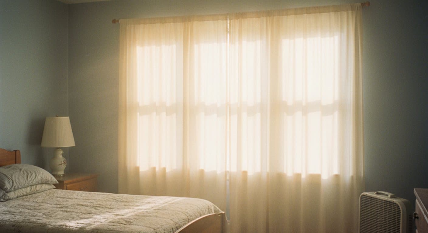 hvac balancing, warm bedroom with sheer curtains and a portable fan on the floor