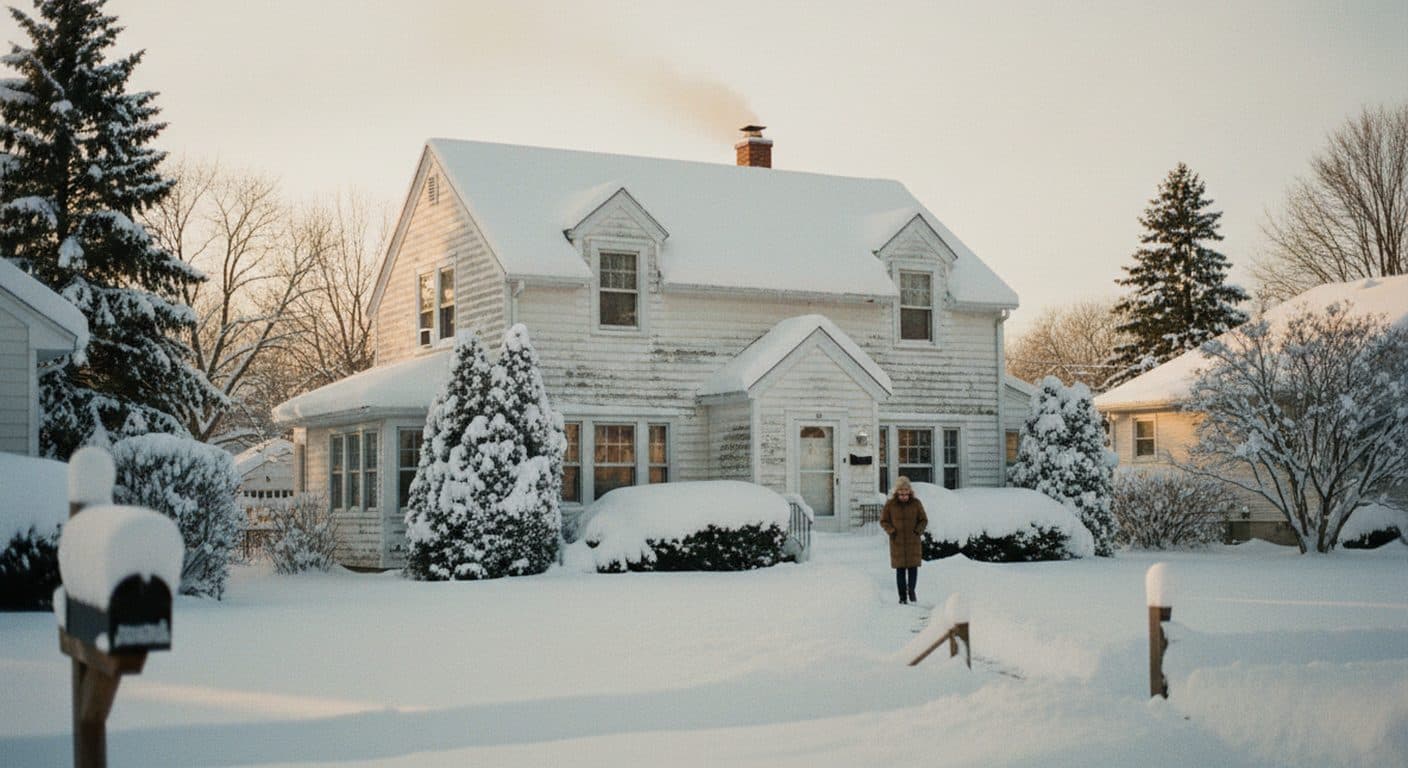 Two-story house with a snow-covered roof and front yard after a winter storm