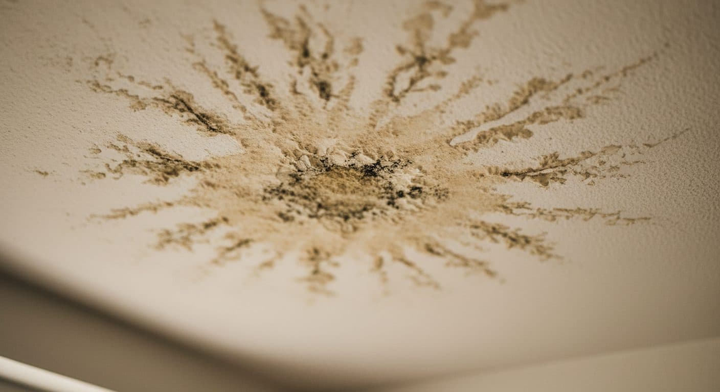 Brown water stain spreading in rings across a white ceiling below a roof leak