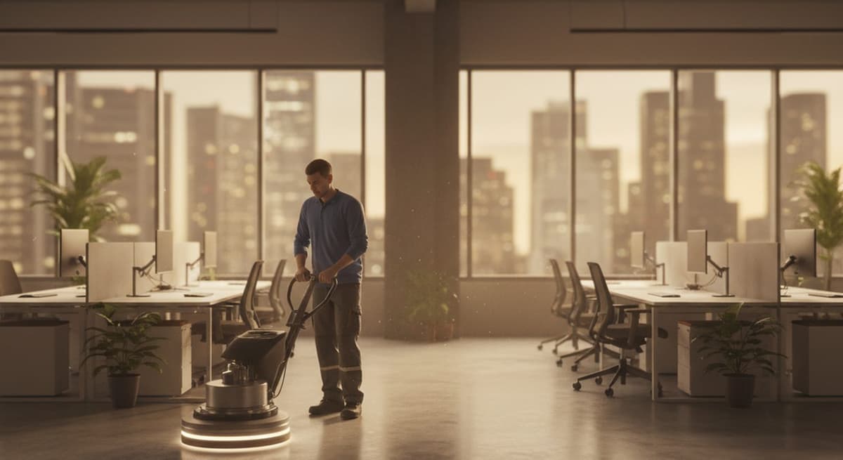Commercial cleaning crew working in an office building