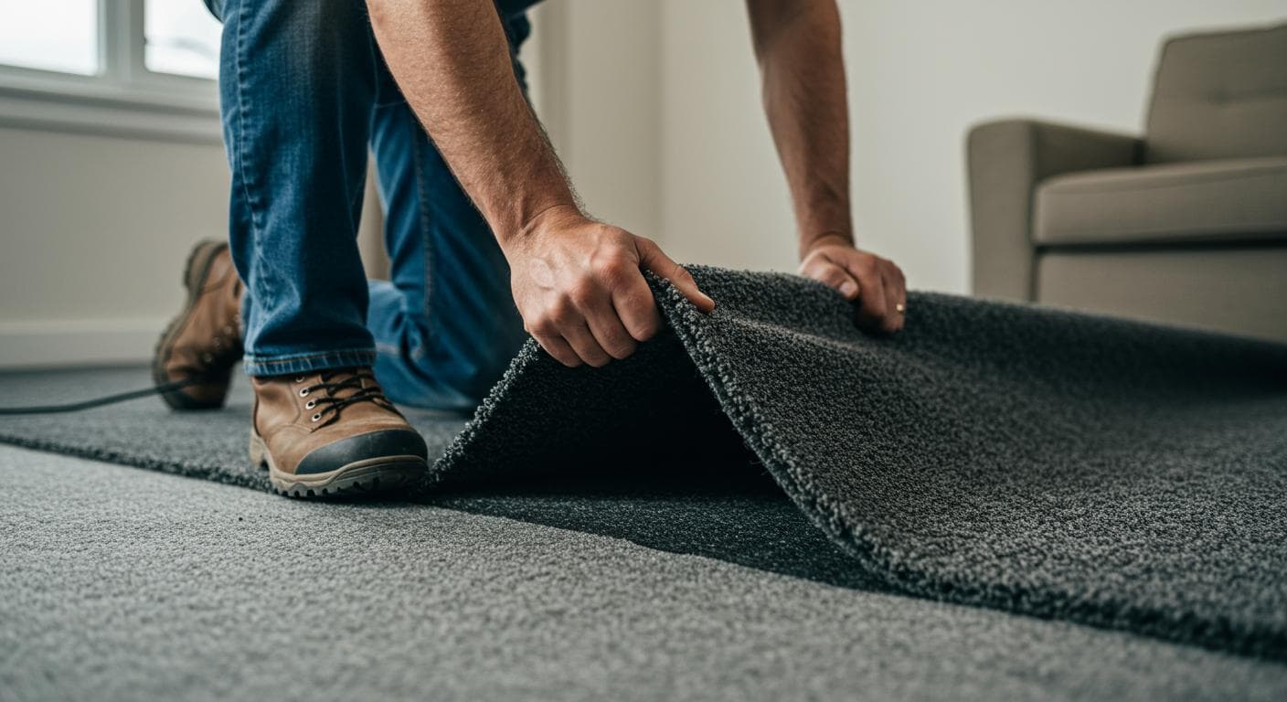 Professional carpet installer stretching wall-to-wall carpet in living room