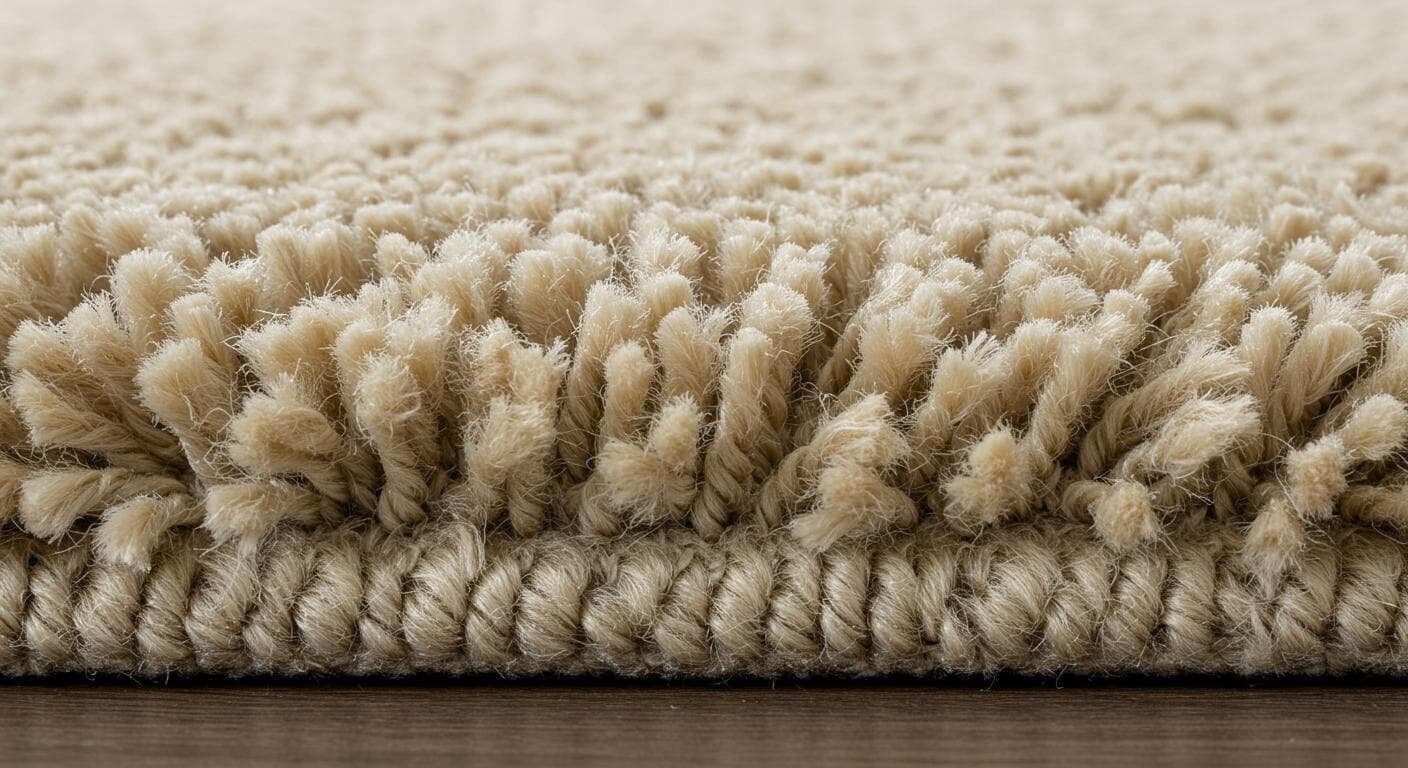 Close-up of plush carpet with under-pad and tack strip