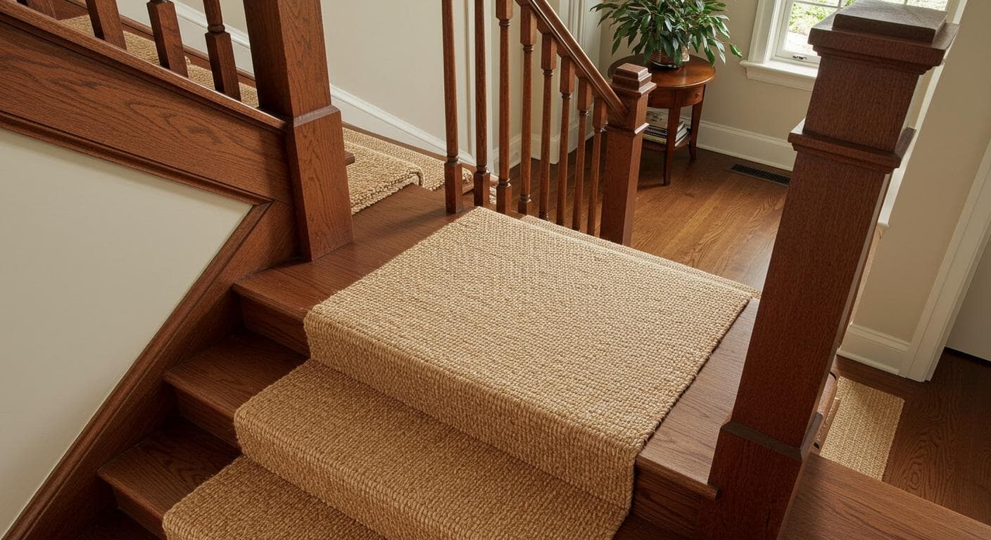 Natural sisal carpet runner on hardwood staircase